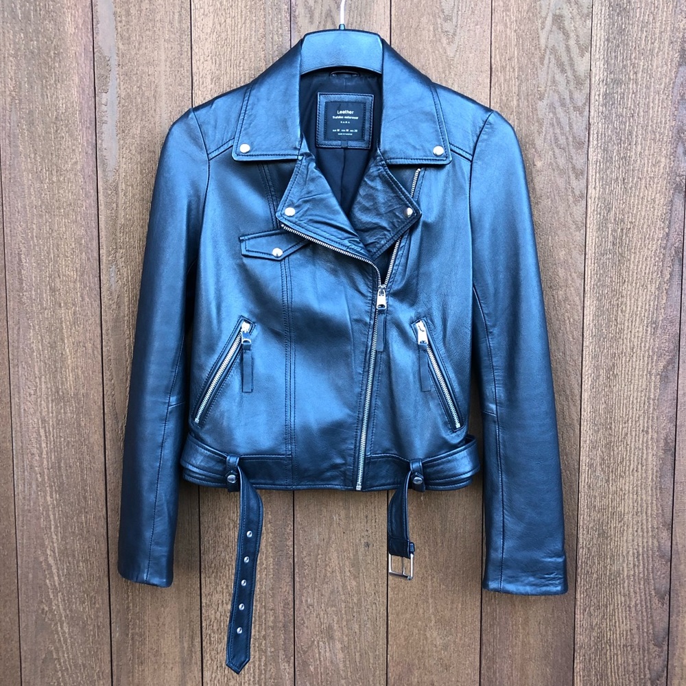 Zara leather motorcycle moto jacket black small medium